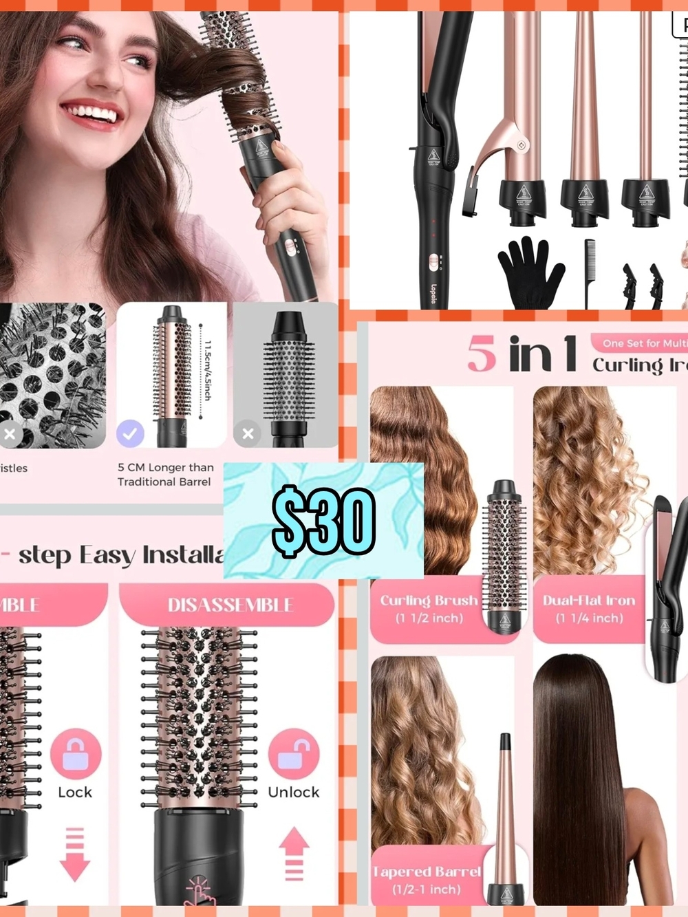 5-in-1 Pink Hair Styling Set — Versatile Curling & Straightening Tool